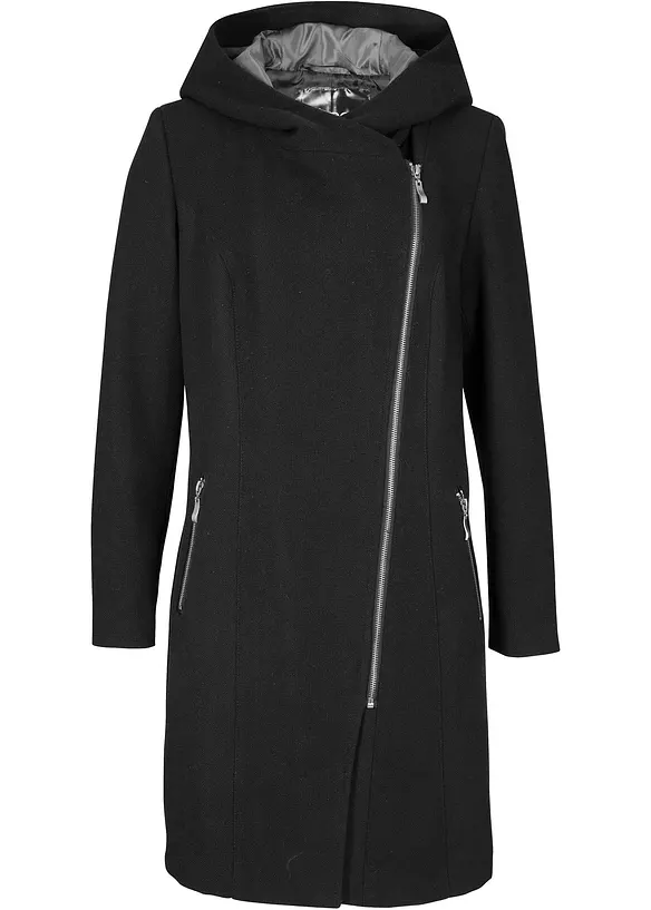 Longjacke mit schrägem Reißverschluss in schwarz von vorne - bonprix