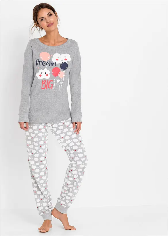 Pyjama mit Bio-Baumwolle in grau von vorne (Totalaufnahme) - bonprix