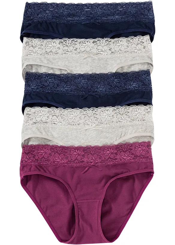 Slip mit weicher Baumwolle und Spitze (5er Pack) in grau von vorne - bonprix