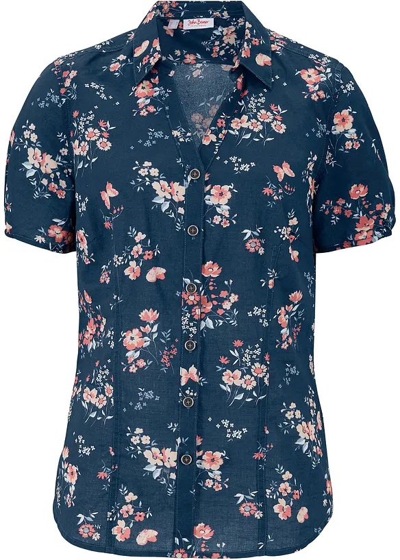 Kurzarm-Bluse aus reiner Baumwolle in blau von vorne - bonprix