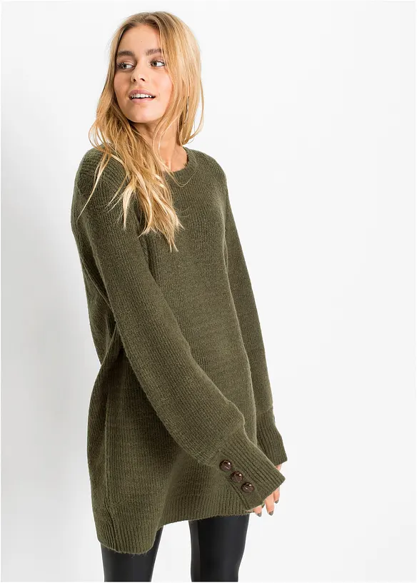 Longpullover mit Knöpfen in grün von vorne (im Anschnitt) - bonprix