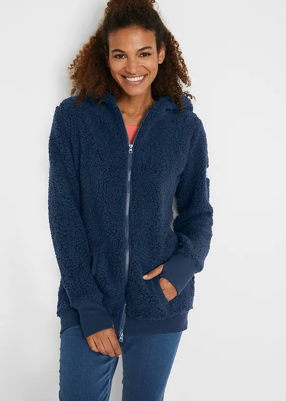 Teddy-Fleece Jacke in blau von vorne (im Anschnitt) - bonprix