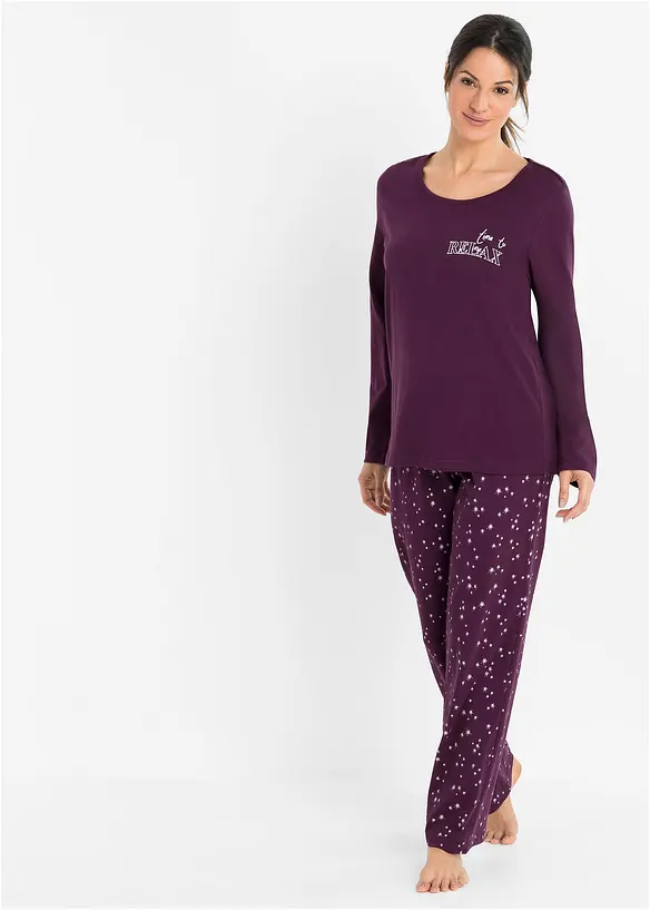 Pyjama aus reiner Baumwolle in lila von vorne (Totalaufnahme) - bonprix