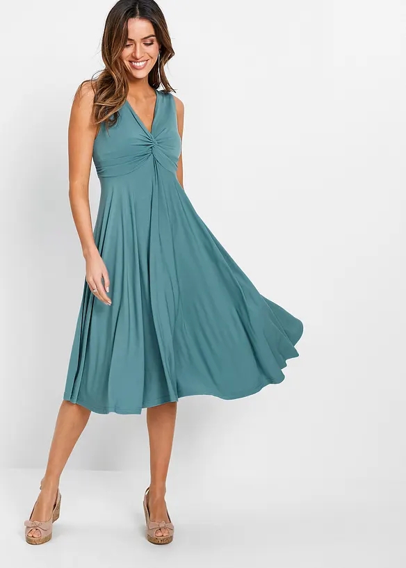 Jerseykleid mit V-Ausschnitt in petrol von vorne (Totalaufnahme) - bonprix