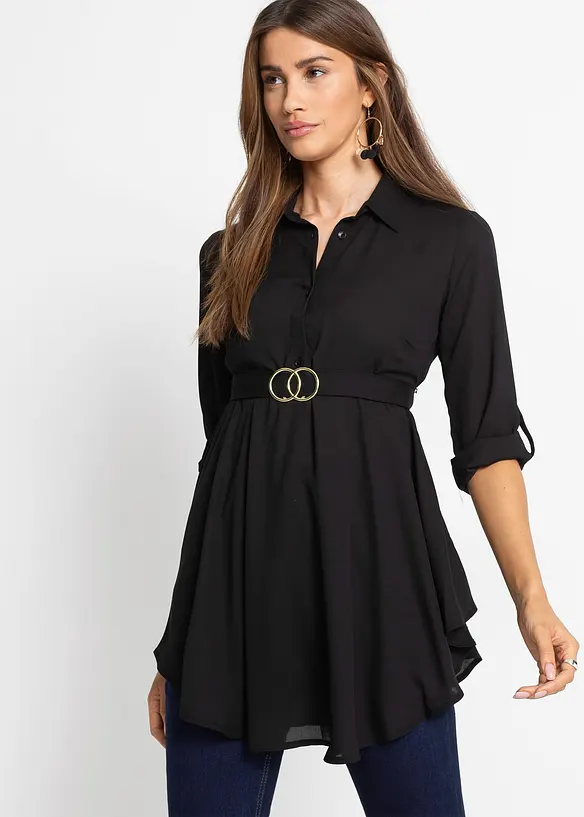Longbluse mit Taillengürtel in schwarz von vorne (im Anschnitt) - bonprix