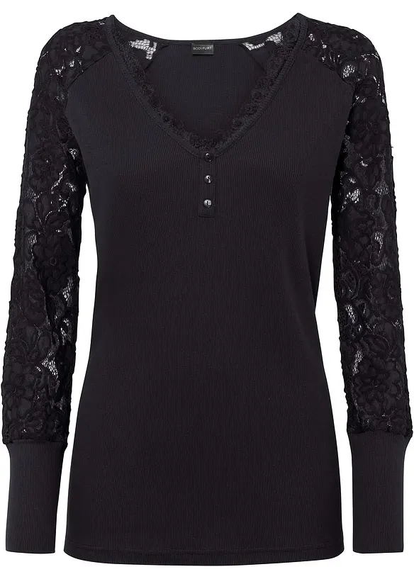 Langarmshirt mit Spitze in schwarz von vorne - bonprix