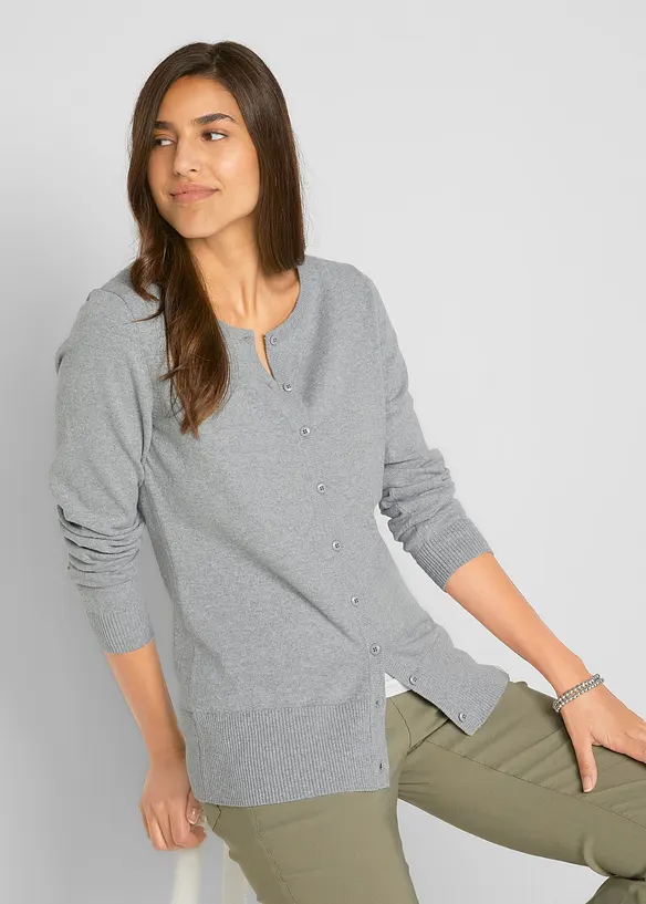Feinstrickjacke mit recycelter Baumwolle in grau von vorne (im Anschnitt) - bonprix