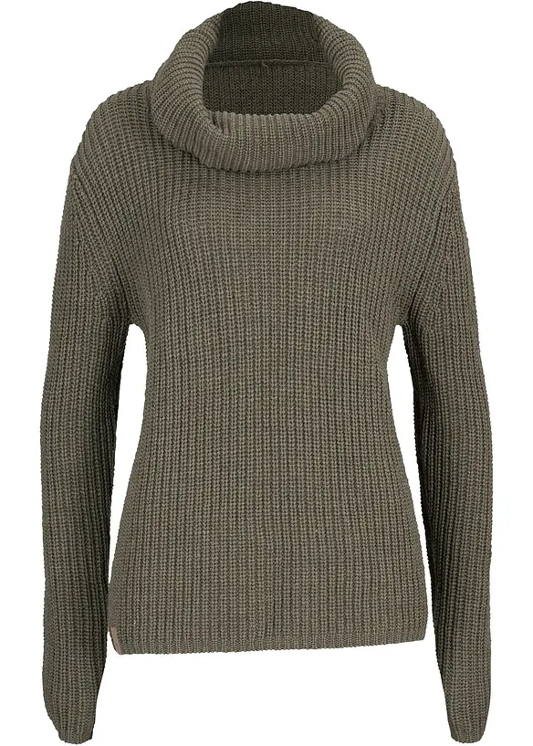 Grobstrick-Pullover mit weitem Kragen in grün von vorne - bonprix