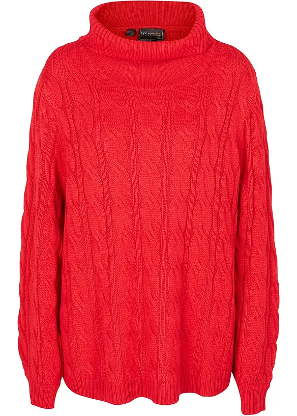 Rollkragenpullover mit Zopfmuster in rot von vorne - bonprix