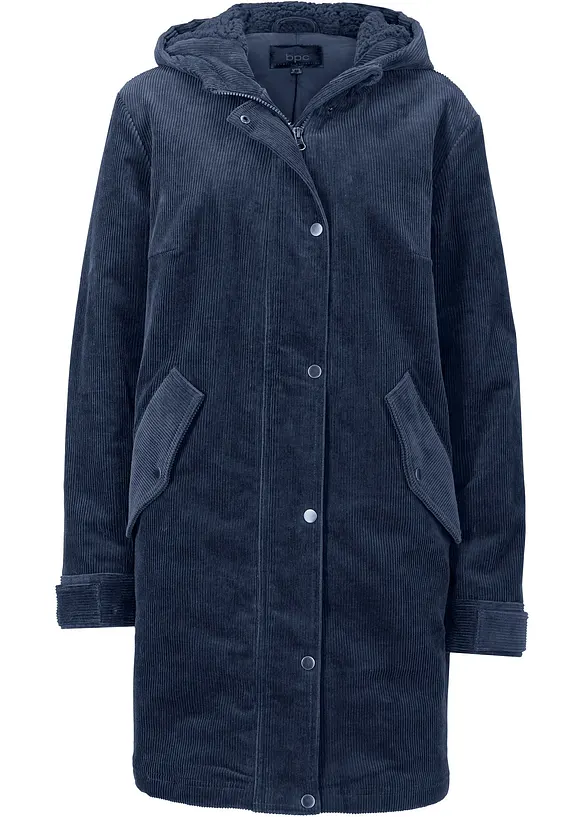Warmer Cord-Parka mit Teddy-Futter in der Kapuze, in A-Linie in blau von vorne - bonprix