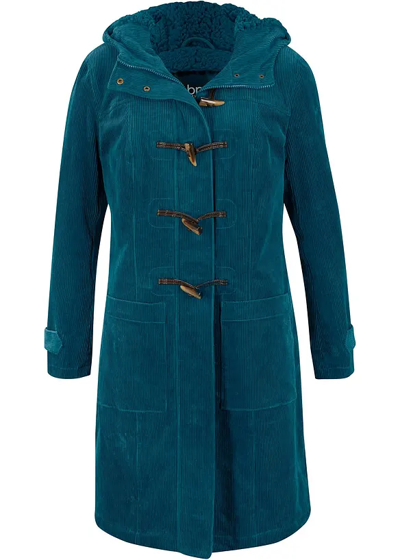 Gefütterter Cord-Dufflecoat in petrol von vorne - bonprix