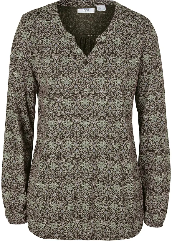 Bedrucktes Langarmshirt mit Henley-Kragen in grün von vorne - bonprix Bedrucktes Langarmshirt mit Henley-Kragen in grün von vorne - bonprix