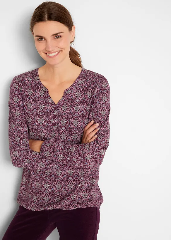 Bedrucktes Langarmshirt mit Henley-Kragen in lila von vorne (im Anschnitt) - bonprix Bedrucktes Langarmshirt mit Henley-Kragen in lila von vorne (im Anschnitt) - bonprix