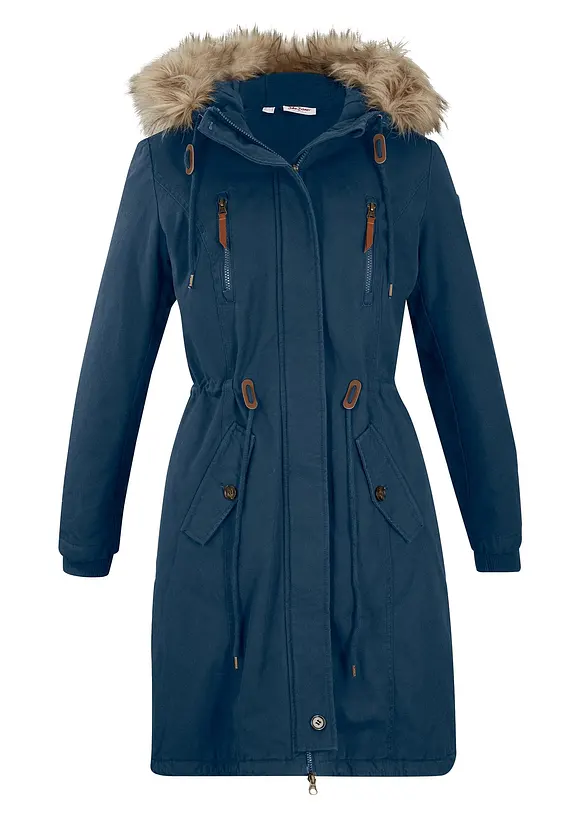 Winterparka mit Fellimitat-Kapuze in blau von vorne - bonprix