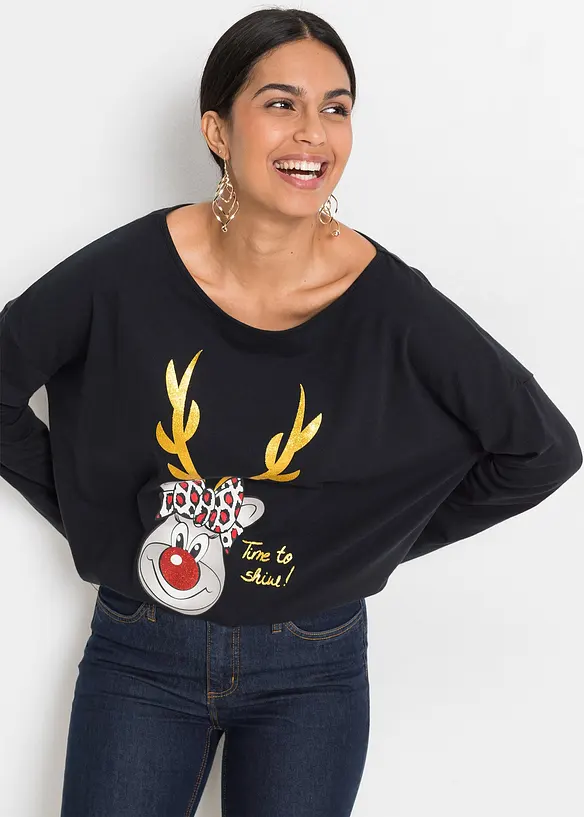 Off-Shoulder-Shirt mit Weihnachtsmotiv in schwarz von vorne (im Anschnitt) - bonprix