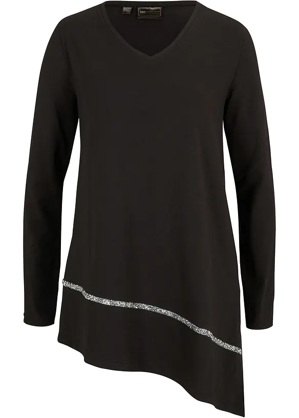 Longshirt mit asymmetrischen Schnitt und Glitzer in schwarz von vorne - bonprix