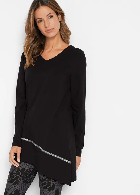 Longshirt mit asymmetrischen Schnitt und Glitzer in schwarz von vorne (im Anschnitt) - bonprix