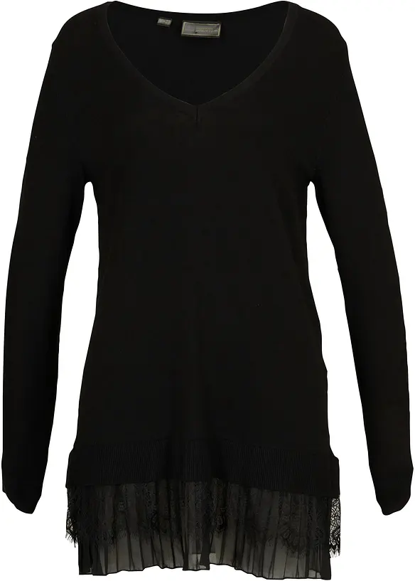 Pullover mit Spitze und Plissee in schwarz von vorne - bonprix