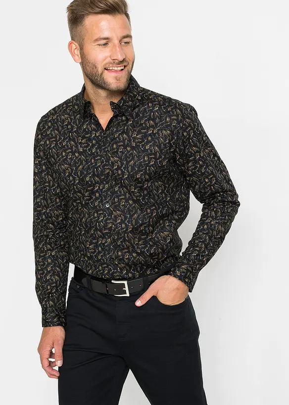 Langarmhemd aus Bio-Baumwoll-Popeline in Regular Fit in schwarz von vorne (im Anschnitt) - bonprix