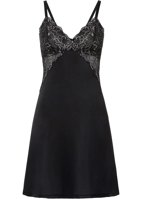 Negligé aus glänzendem Satin mit Spitzenbesatz in schwarz von vorne - bonprix