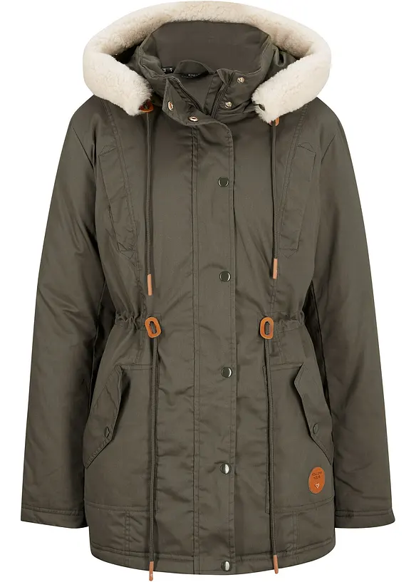 Wattierter Parka mit Fellimitat-Besatz in grün von vorne - bonprix