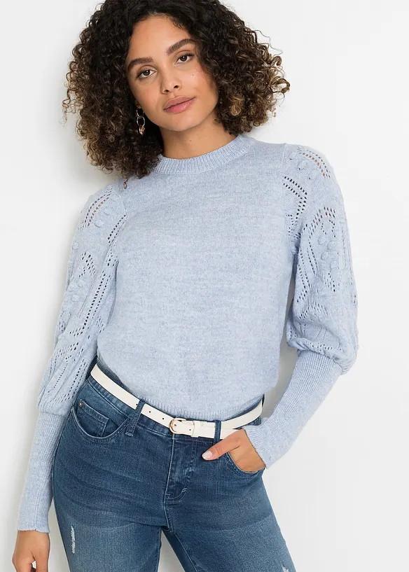 Pullover mit Ajourmuster in blau von vorne (im Anschnitt) - bonprix Pullover mit Ajourmuster in blau von vorne (im Anschnitt) - bonprix
