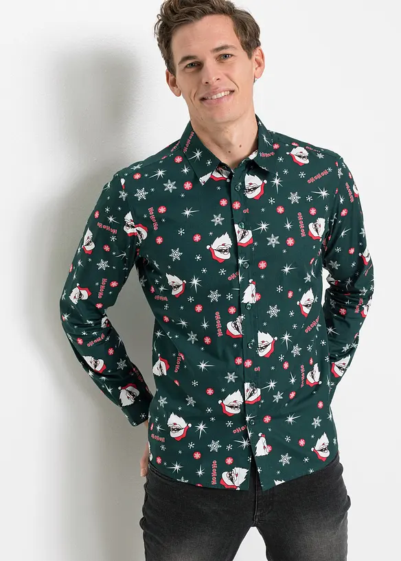 Langarmhemd mit Weihnachtsmotiv aus reiner Baumwolle, Slim Fit in grün von vorne (im Anschnitt) - bonprix
