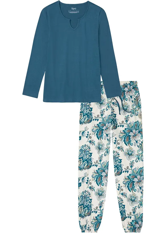 Pyjama aus reiner Bio-Baumwolle in petrol von vorne - bonprix