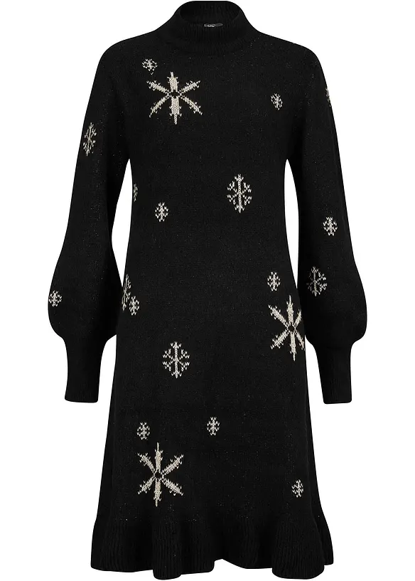 Strickkleid mit Schneeflocken-Print in schwarz von vorne - bonprix