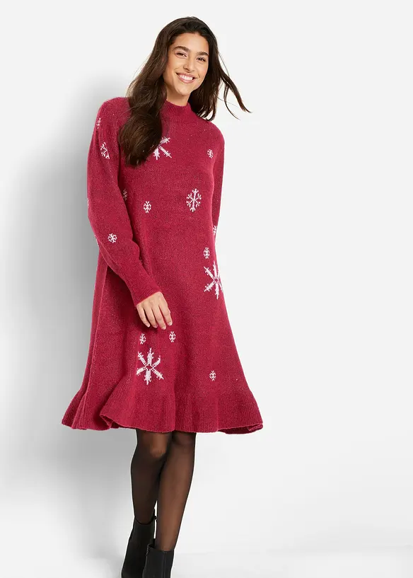 Strickkleid mit Schneeflocken-Print in rot von vorne (Totalaufnahme) - bonprix