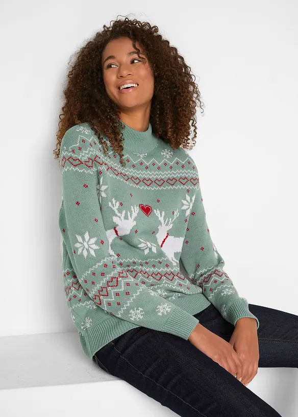 Norweger-Pullover mit Turtleneck in grün von vorne (im Anschnitt) - bonprix