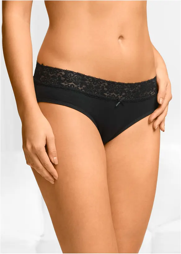 Slip mit weicher Baumwolle und Spitze (5er Pack) in schwarz von vorne - bonprix