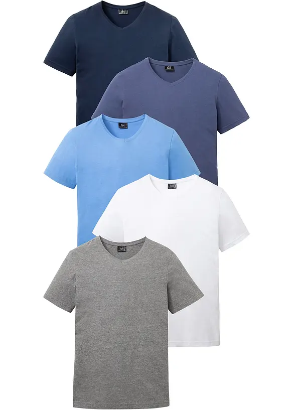 T-Shirt mit V-Ausschnitt (5er Pack) in blau von vorne - bonprix