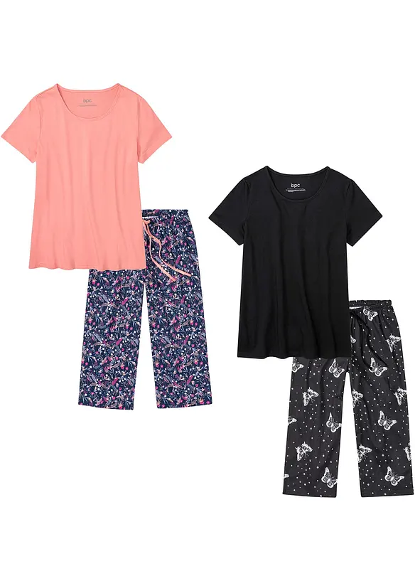 Capri Pyjama aus reiner Baumwolle (2er Pack) in schwarz von vorne - bonprix