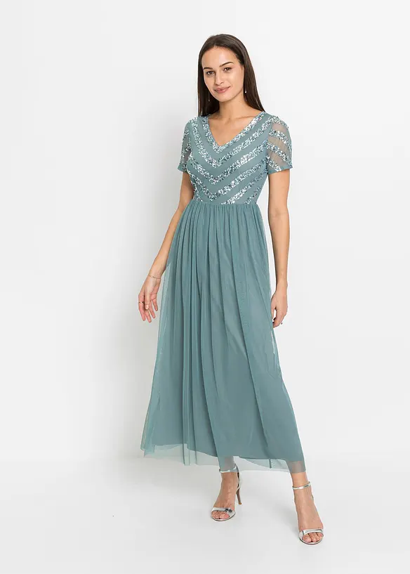 Maxikleid mit Paillettenstickerei in petrol von vorne (Totalaufnahme) - bonprix