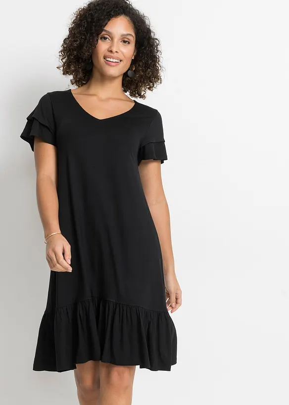 Jerseykleid mit Volant aus Viskose-Mix in schwarz von vorne (Totalaufnahme) - bonprix Jerseykleid mit Volant aus Viskose-Mix in schwarz von vorne (Totalaufnahme) - bonprix