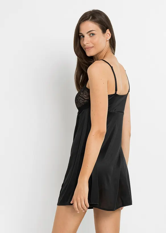 Negligé mit Glanzeffekt in schwarz von hinten (Totalaufnahme) - bonprix