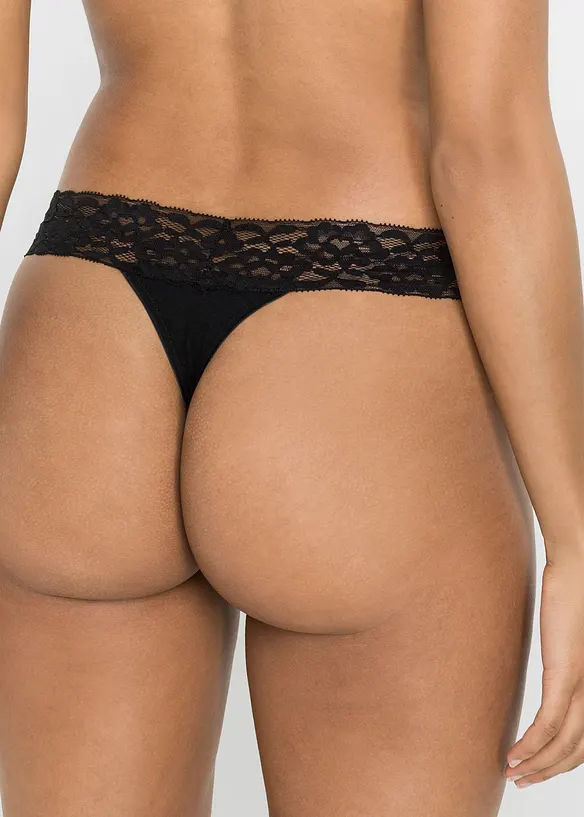 String mit Baumwolle und Spitze (4er Pack) in schwarz von hinten - bonprix