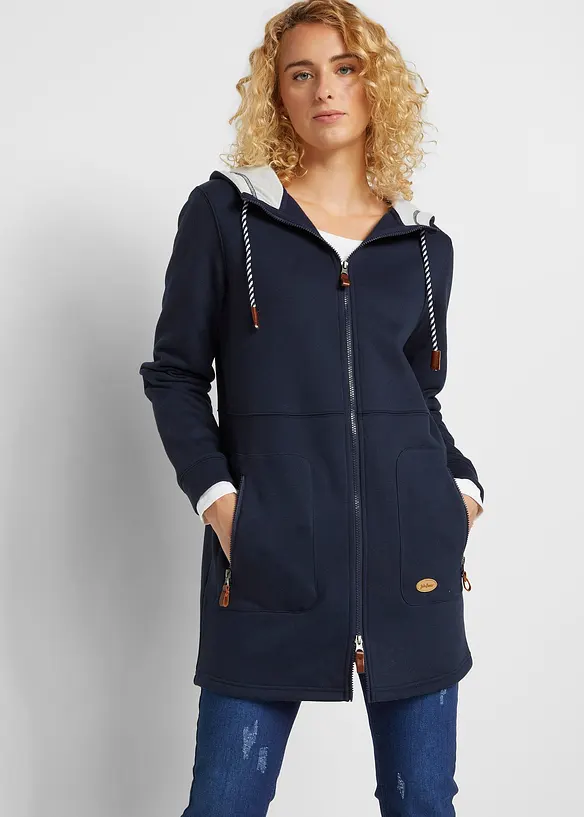 Long-Kapuzen-Sweatjacke in blau von vorne (im Anschnitt) - bonprix