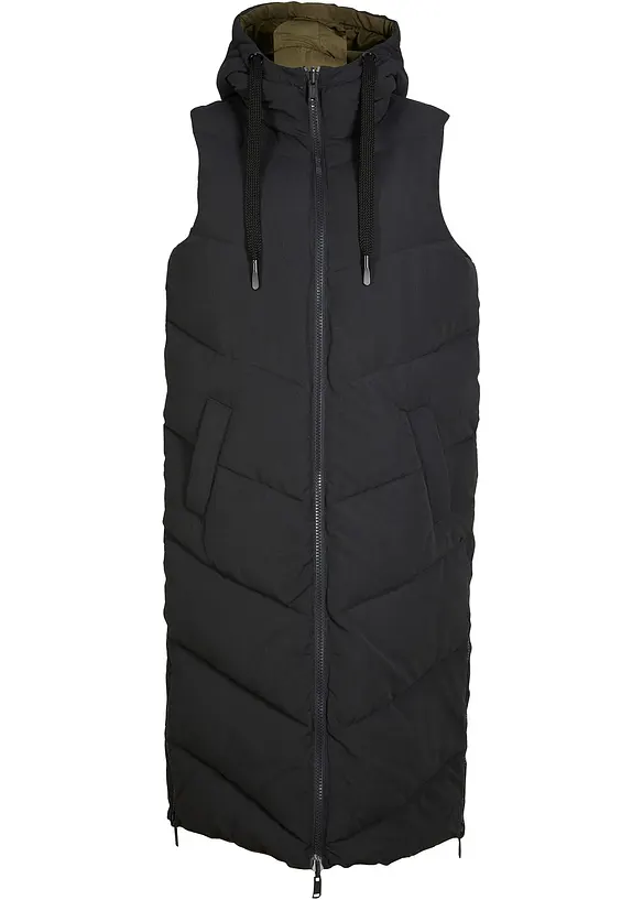 Wende-Steppweste aus recyceltem Polyester mit Kapuze in schwarz von vorne - bonprix