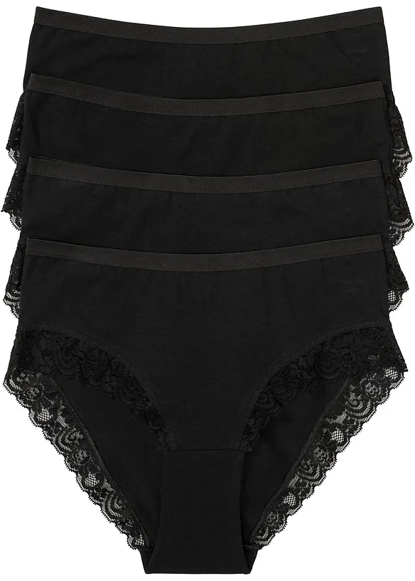 Maxislip mit Bio-Baumwolle und Spitze (4er Pack) in schwarz von vorne - bonprix