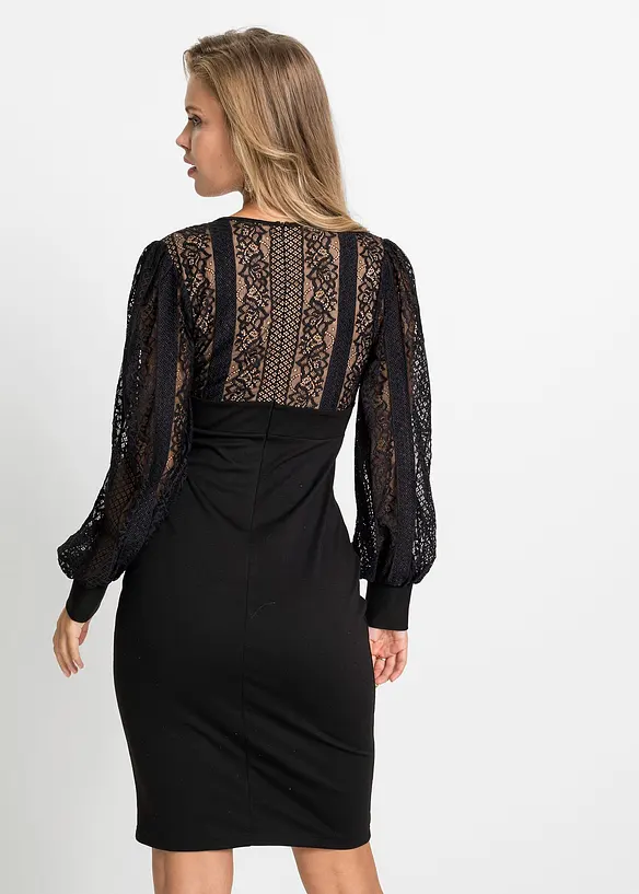 Figurbetontes Midikleid mit Spitze in schwarz von hinten (Totalaufnahme) - bonprix Figurbetontes Midikleid mit Spitze in schwarz von hinten (Totalaufnahme) - bonprix