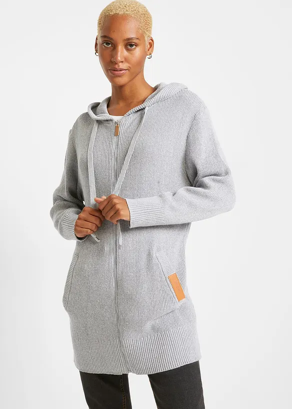 Strickmantel mit Kapuze in grau von vorne (im Anschnitt) - bonprix