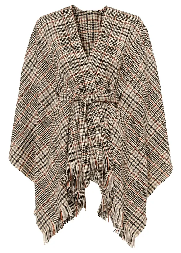 karierter Poncho zum Binden in beige - bonprix