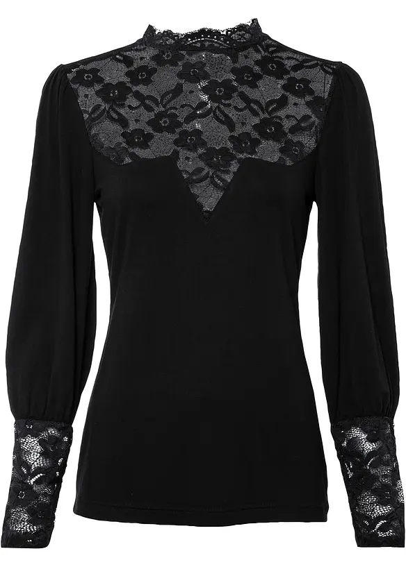 Langarmshirt mit Spitze in schwarz von vorne - bonprix