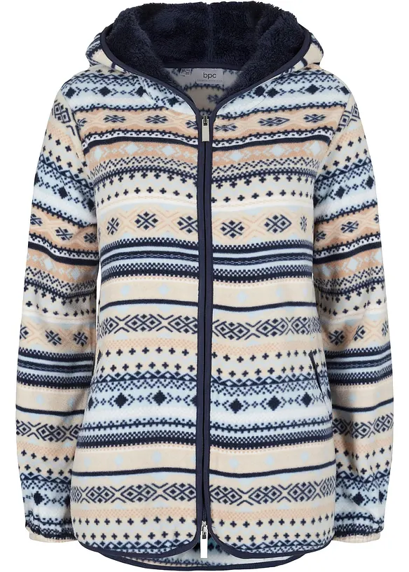 Kapuzen-Fleecejacke mit Norweger-Muster in beige von vorne - bonprix