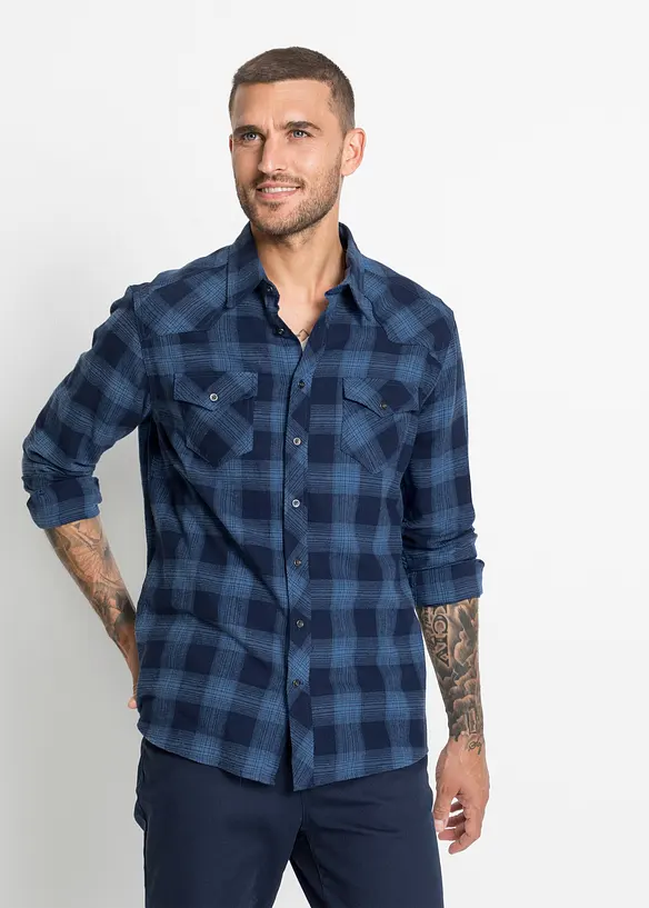 Flanellhemd aus reiner Baumwolle in blau von vorne (im Anschnitt) - bonprix