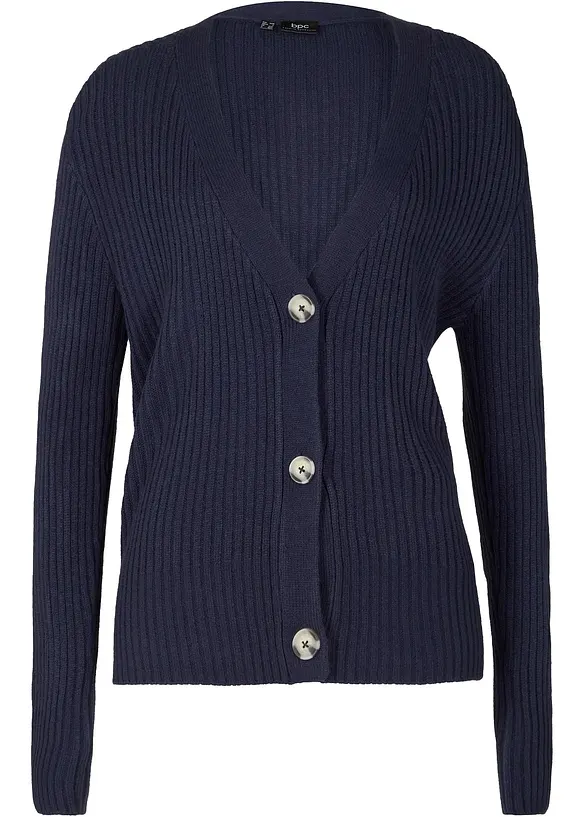 Gerippte Strickjacke in blau von vorne - bonprix