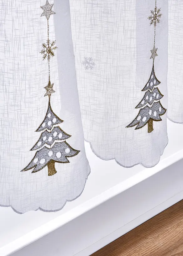 Scheibengardine mit Tannenbaum Stickerei in weiß Detailaufnahme vom Material - bonprix
