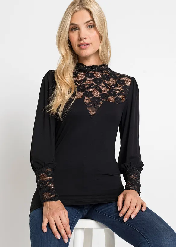 Langarmshirt aus Viskose-Mix in schwarz von vorne (im Anschnitt) - bonprix Langarmshirt aus Viskose-Mix in schwarz von vorne (im Anschnitt) - bonprix